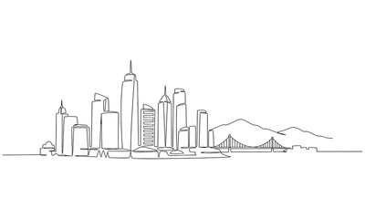 A continuous line drawing depicts the new york city skyline in monochrome, a simple vector illustration of a modern city skyline for business and architectural concepts