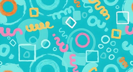 Dynamic Brushstroke Shapes Energetic Scattered Pattern Aqua Blue Background Memphis Art Style