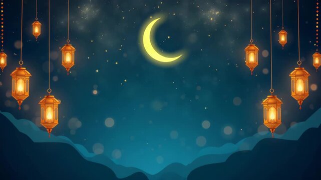 Crescent moon and hanging lanterns in night sky over mountain silhouette illustration