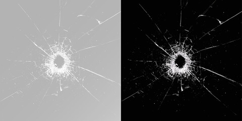 Realistic shattered glass overlay with central bullet hole and sharp shards. High resolution cracked surface for design effects