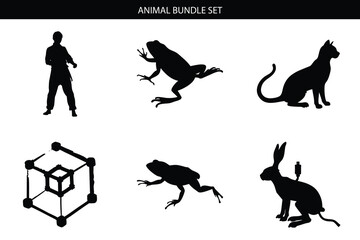 Animal silhouette icon set. Includes human, frog, cat, rabbit, toad, and cube symbols. Created in black silhouette style.