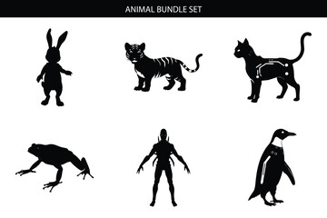 Animal silhouette icon set. Includes rabbit, tiger, cat, frog, human, and penguin silhouettes. Created in black style with white background