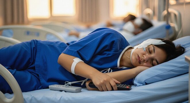 Young woman patient calmly sleeping with nasal cannula in hospital ward bed with soft evening light