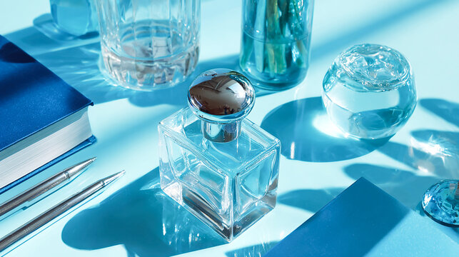 Perfume bottles arranged in cold blue flat lay with shadows and reflections. Minimal luxury cosmetic composition with copy space for fragrance, beauty, skincare, and premium branding use.