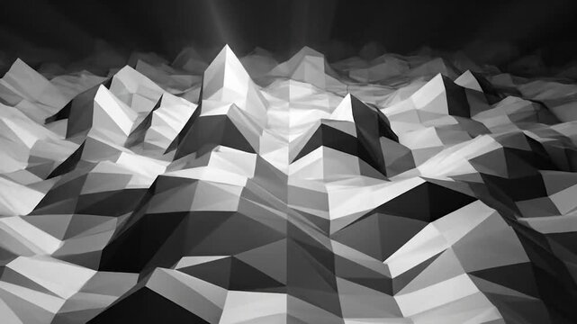 Abstract geometric landscape with sharp peaks illuminated by light rays