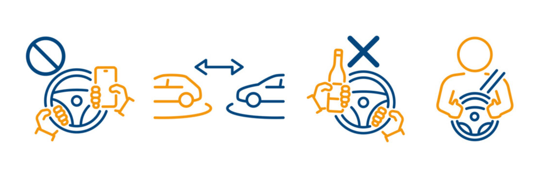 safety rules for the driver, icons, set icon of stop alcohol in car, distance between cars, using a phone while driving is prohibited, seat belt, line vector with editable stroke