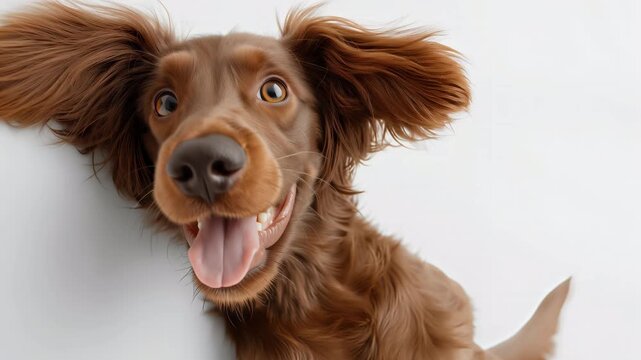 Happy brown dog with floppy ears looking at camera playful pet portrait isolated on light background