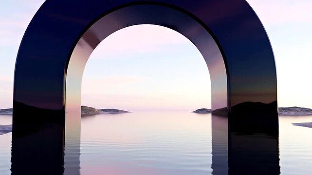 A mirrored arch frames a serene water scene with distant islands and a soft pastel sky