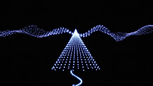 Abstract digital visualization of glowing blue dots forming a pyramid and wavy