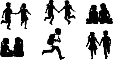 Children together silhouette set, boys and girls playing holding hands and running to school, childhood friendship and education concept, primary student youth, © Shopna