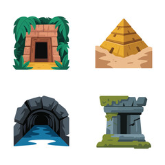 Jungle temple doorway and mountain pyramid icons, expedition trail map poster, adventure tourism session, archaeology travel festival vector set
