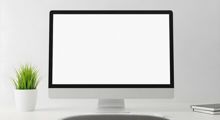 Fototapeta premium Silver Desktop Monitor Featuring Empty Bright Screen on Minimalist White Desk Environment under Clean Studio Light