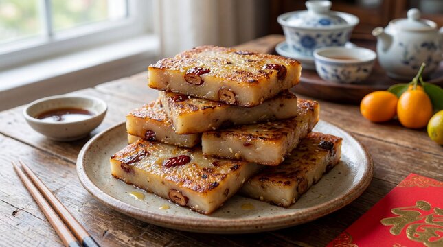Stacked Nian Gao with Jujubes and Sesame Seeds, Traditional Chinese Dessert