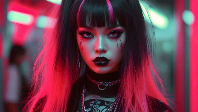 This high-quality painting showcases the trashy yet vibrant essence of the glamorous woman, blending flashy girly elements with a rebellious edge. japan street style