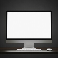 Fototapeta premium Sleek Desktop Computer Showing Blank Screen Interface On Dark Wooden Desk In Minimalist Studio With Ambient Professional Glow