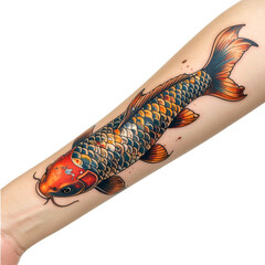 Tattoo design of fish forearm of woman hand with an orange and.