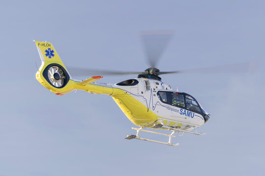 Nancy, France - December 10th 2020 : View on the medical helicopter Airbus Helicopters H135 T3 of the Samu taking off from Nancy's hospital.