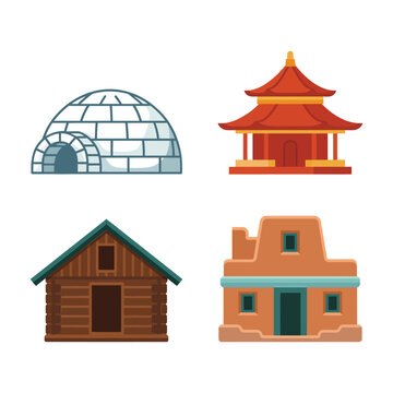 Traditional houses around world vector set with igloo, pagoda, log cabin and adobe home, culture study poster, tourism education design