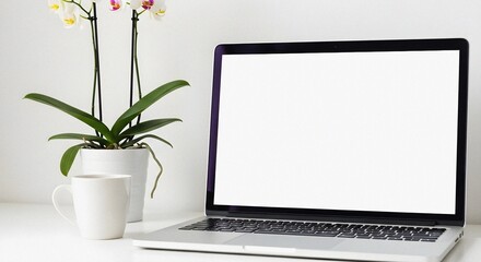 Fototapeta premium Modern Laptop Computer Displaying Blank White Screen on Clean White Minimalist Desk with Orchid Plant Serene Bright Home Office Scene