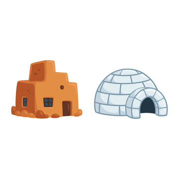 Traditional houses icons with desert adobe home and arctic igloo, cultural architecture diversity set for geography lessons and travel