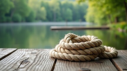 Fototapeta premium Coiled Rope on Wooden Dock by Serene Lake.