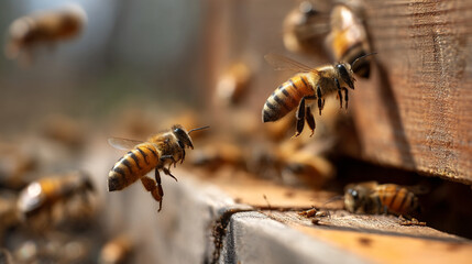Close Up of Honey Bees Flying Near a Wooden Beehive Entrance