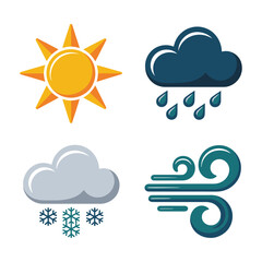 Fototapeta premium Seasonal weather icon set with sun, rain cloud, snow cloud and wind, cartoon climate vector for forecast, education, app design