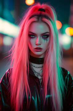 In a burst of fluorescents, a strikingly bold and edgy trashy glamorous gyaru stands out with her intense eyes and goth hip-hop style. 