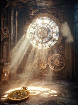A steampunk time machine room with rays of light shining through, a large clock on the wall and gears all around it.