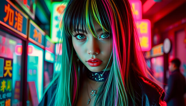 In a burst of fluorescents, a strikingly bold and edgy trashy glamorous gyaru stands out with her intense eyes and goth hip-hop style. 