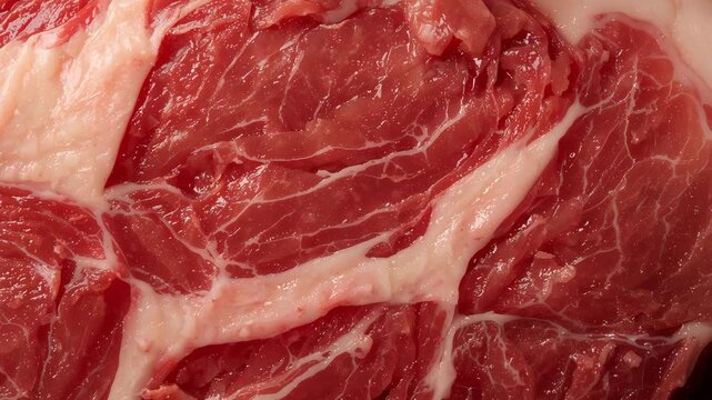 Close up of raw beef steak showing marbling and texture