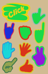 Fototapeta premium Set of vibrant hand gesture icons and click text in pop art sticker style for modern digital interface design.