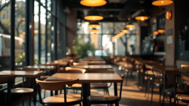 Empty modern cafe interior with wooden tables chairs and large glass windows