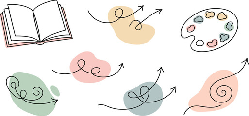 Hand Drawn Doodle Element Set with Open Book, Art Palette, and Decorative Swirl Arrows for Creative Journaling, Educational Graphics, and Minimalist Design Projects