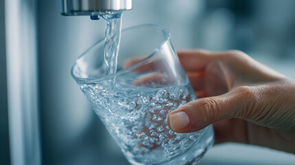 Clean, refreshing water pouring into a glass from a modern faucet, symbolizing purity, health, and hydration. Crisp, cool tones.