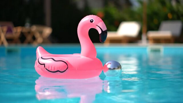 A vibrant pink flamingo float in the calm waters of a serene swimming pool with lounge chairs in the background viewed from a low angle