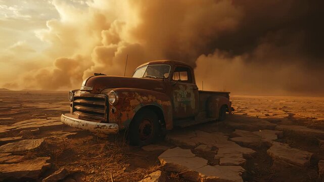 Rusted vintage pickup truck parked on cracked desert ground under dusty orange sky
