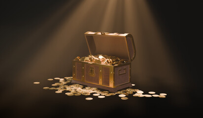 Treasure Trove Discovery: A vintage treasure chest spills over with shimmering gold coins under a dramatic spotlight. © worased