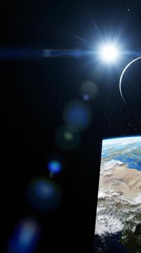 Mysterious black monolith in orbit above Earth with sun flare