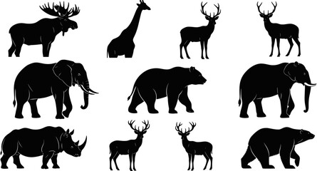 Wild animal silhouette collection, elephant, bear, rhino, moose, giraffe, deer, set of nature wildlife icons, isolated on white background, vector illustration, © Shopna