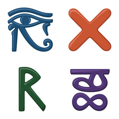 Ancient glyph icons set for history fair, sacred eye emblem, runic letter marks, archaeology workshop session, classroom learning graphics