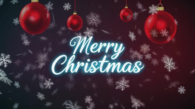 Merry Christmas Text with Red Ornaments and Falling Snow