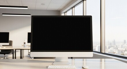 Fototapeta premium Minimalist desktop workstation presenting a blank display for customization in a modern open-plan office overlooking city panorama with bright corporate interior and clean architectural lines