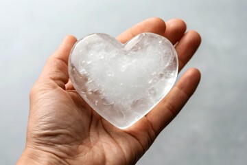 Heart shaped ice held in a hand showing clear details of the ice and texture in a neutral setting during daytime