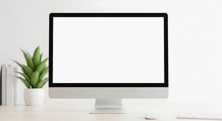 Fototapeta premium Modern All-in-One Desktop Computer with Blank Screen Ready for Content in Minimalist Bright Office Workspace with Clean Aesthetic