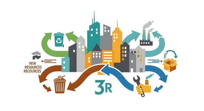 Circular economy concept with colorful arrows around a city skyline showing 3R principles and resource flow