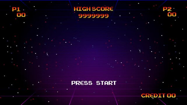 GAME START PRESS START.pixel art .8 bit game.retro game. for game assets in vector illustrations.Retro Futurism Sci-Fi Background. glowing neon grid.and stars from vintage arcade comp
