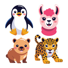 Fototapeta premium Cute animal set with Patagonia penguin, Andean alpaca, playful puppy, jaguar cub for childrens party, classroom decor, zoo event design