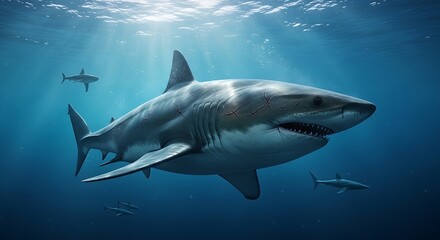 Obraz premium A large gray megalodon shark swims underwater with its mouth open, surrounded by smaller fish, in a deep blue ocean with sunlight filtering through the water above.