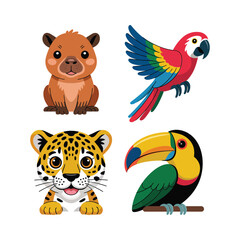 Fototapeta premium Amazon rainforest animals illustration set with capybara, flying parrot, jaguar cub, perched toucan for conservation campaign, school project, festival design
